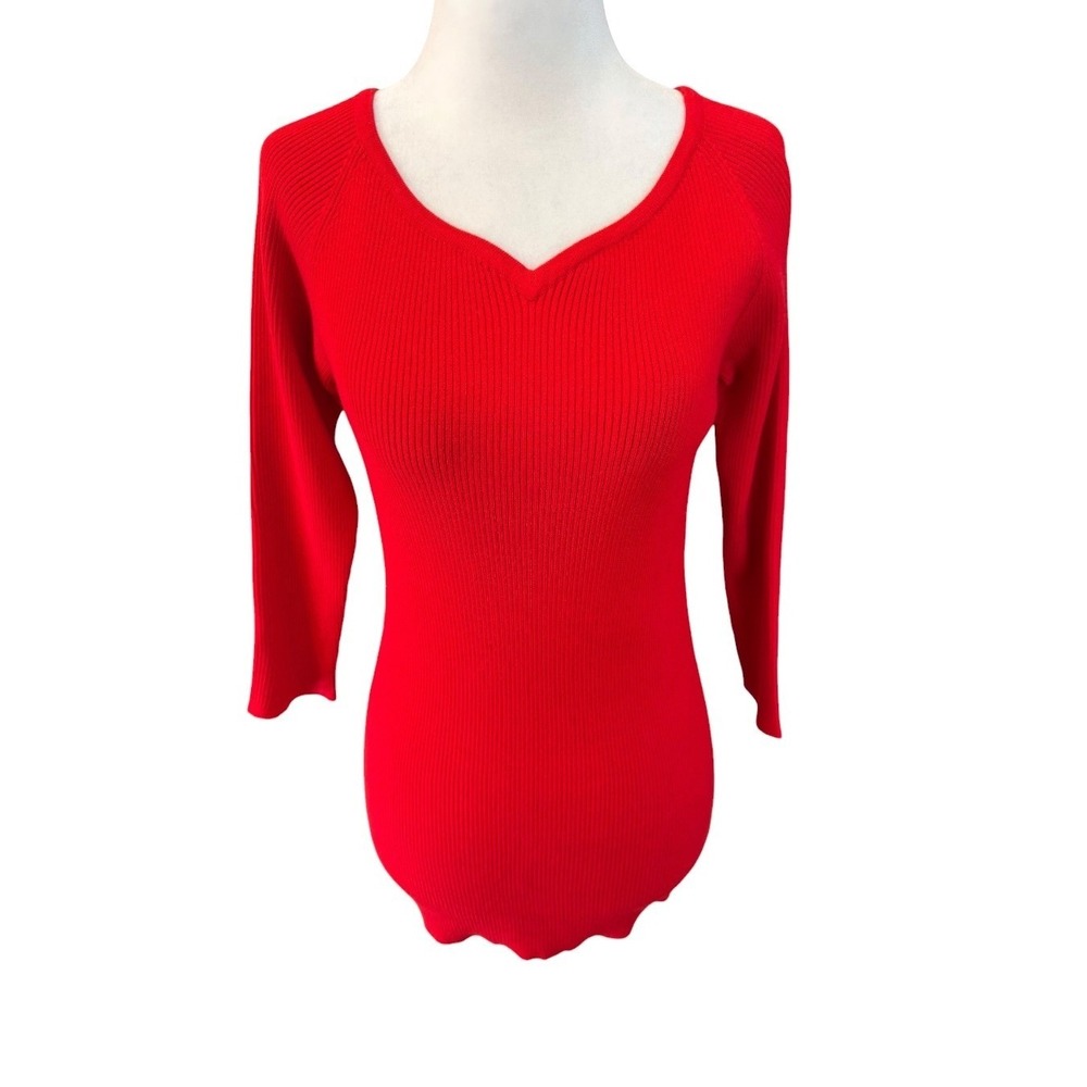 Carmen Marc Valvo Women Red Scarlatta Ribbed V-Neck Knit Top Small CV800470